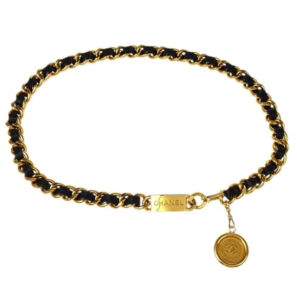 Chanel Chain Belt Medallion Gold Black Small Good - Picture 1 of 8